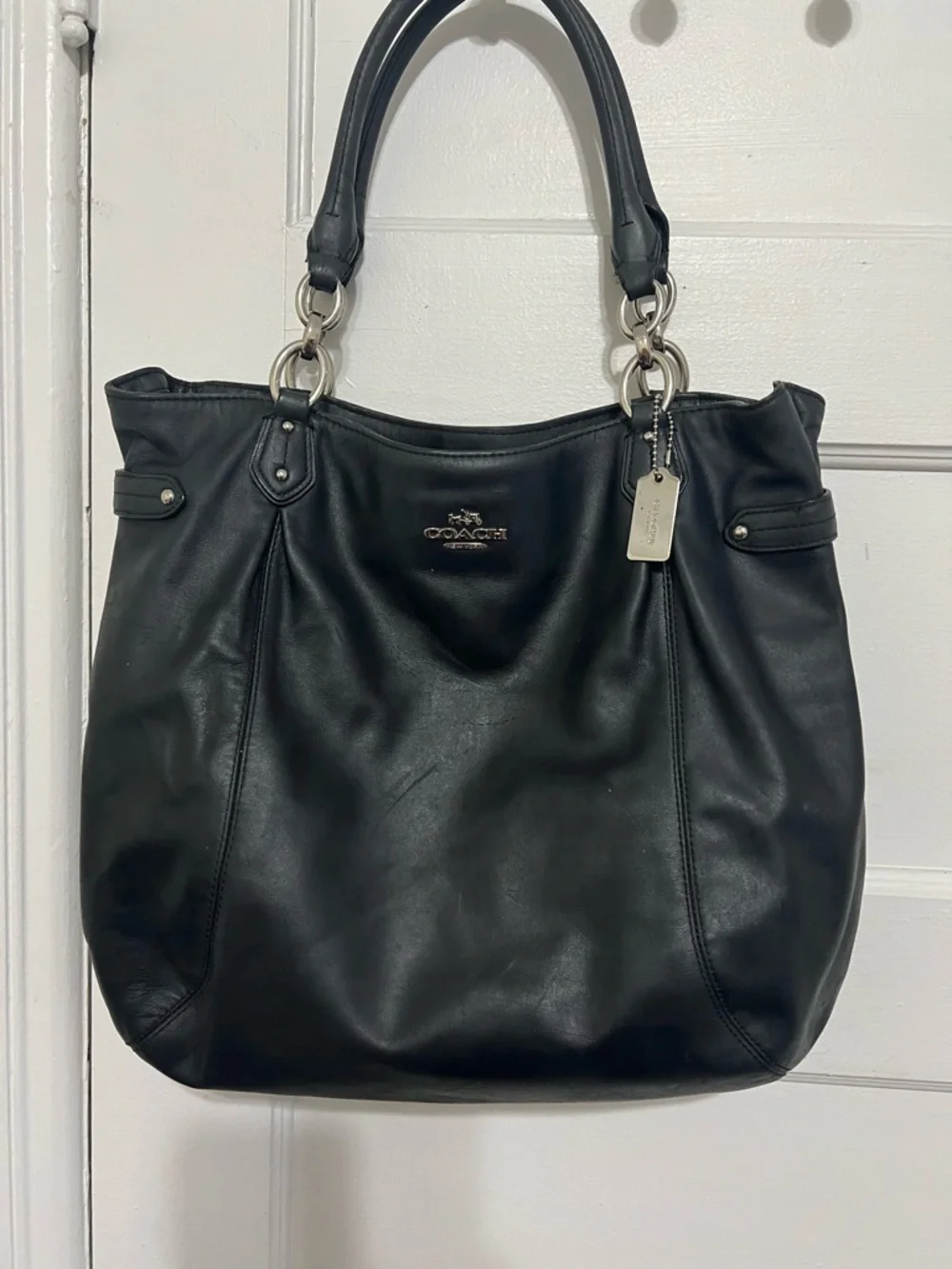 Coach Black Leather Tote with Silver-Tone Hardware